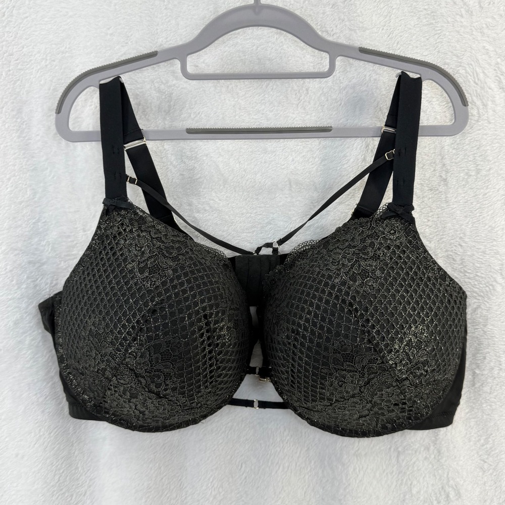 Cacique Black Lace Boost Balconette‎ Bra 48DDD Underwire Strappy Plus Size